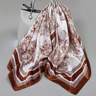 Lenço Feminino Quadrado Grande 90x90cm Estampa Cena Campestre Luxo - Seda Acetinada Multiuso