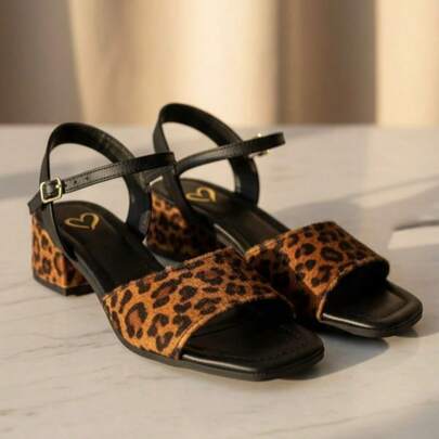 Sandália Feminina Onça Salto Quadrado Verão Confortável Animal print