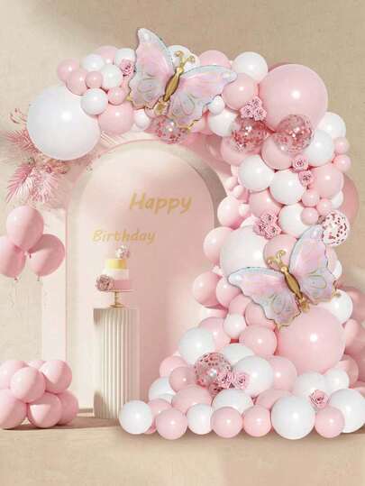 Juego de arco de globos de látex rosa con mariposas - Globos de látex rosa y blanco de varios tamaños, globos de lentejuelas rosas - Adecuado para fiestas de regalos para bebés, fiestas de revelación de género, fiestas de cumpleaños, decoraciones festivas, bodas, decoraciones del Día de San Valentín
