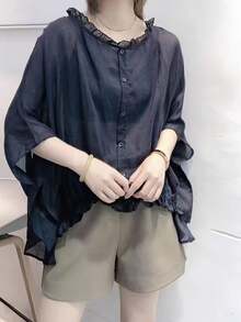 Loose Batwing Sleeve Flattering Casual Linen Shirt - Navy Blue - View 3