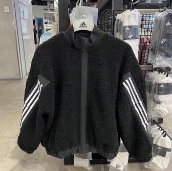Adidas Jaqueta esportiva feminina com zíper frontal e listra lateral e gola sherpa.