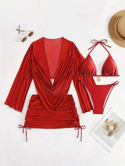 4pcs Sexy Solid Color Bikini Set With Sheer Cover-Up, Suitable For Vacation, Beach Party, Perfect For New Year And Valentine's Day, Elegant And Stylish. Red Dress, Red Top, Women's