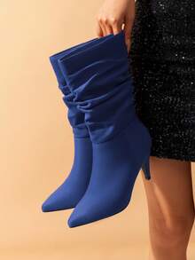 Women's Stiletto High Heel Pointed Toe Suede Mid Calf Boots For Fall/Winter, Classic Slouchy Soft Comfortable Boots - Royal Blue - View 1