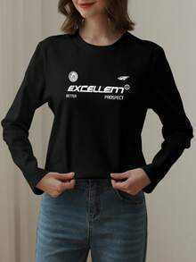 秋冬新款女士小码修身字母印花休闲圆领长袖T恤 - 黑色 - 查看 2