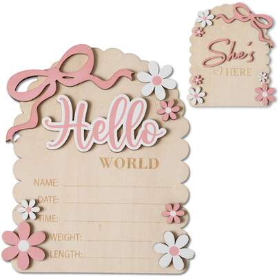 Newborn Baby Announcement Board, Hospital "Hello World" Sign, "She's Here" Card, Creative Newborn Birth Announcement, Newborn Photography Props Double-Sided (HW3)