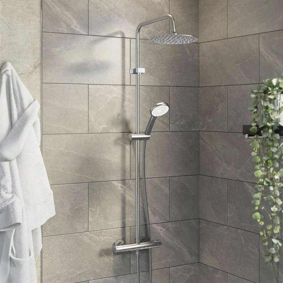 Exposed Thermostatic Shower Mixer Bathroom Twin Head Round Square Bar Set - Silver - View 1