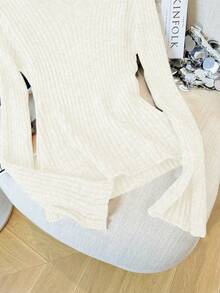 Vintage American V-Neck Split Sleeve Gray Knit Sweater, Slim Fit & Versatile Long Sleeve Top - White - View 8