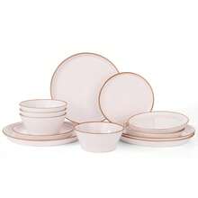 Richmount 12-Piece Plates And Bowls Sets For 4, 12 Pieces Stoneware Dish Set - Chip And Scratch Resistant, Round Tableware Set - Light Pink - 查看 4