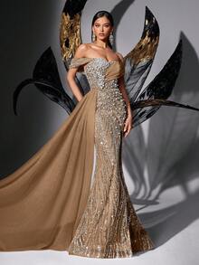 Fairy Style Pink Sequin Beaded Strapless High Slit Mermaid Prom Dress - Champagne - View 5