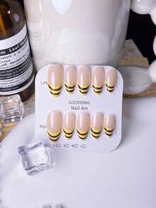 10pcs Handmade Almond-Shaped Yellow & Brown Criss-Cross French Striped Cute Minimalist Chic False Nails - Multicolor - View 3