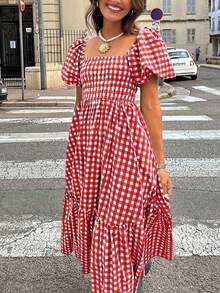 2026春夏女式格子优雅波西米亚休闲时尚外出约会假日泡泡袖荷叶边下摆褶皱红色连衣裙，女式音乐会服装，街头风，女式情人节服装 - 紅色 - 查看 4