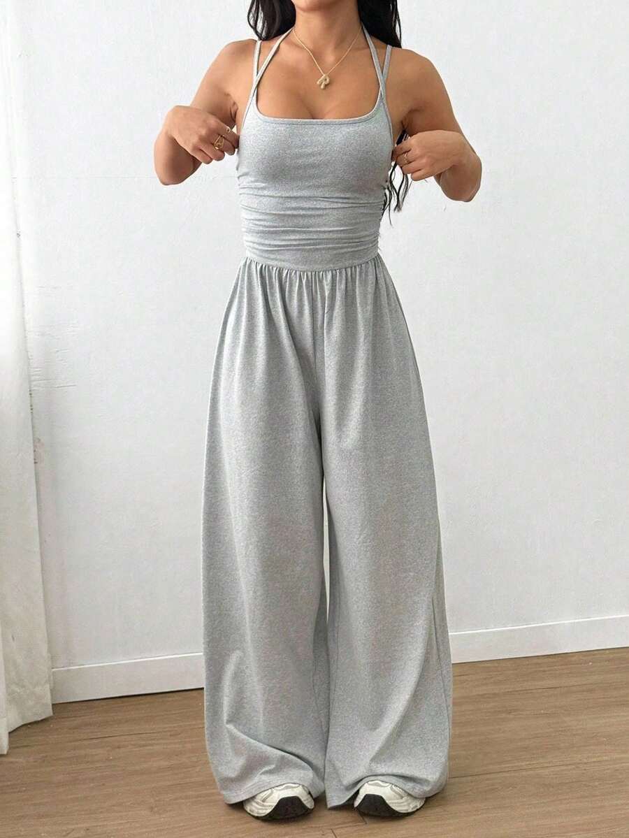 Swisz Women's Long Leg Jumpsuit With Double Straps And Front Pleats, Elegant Casual Style - Xám - Xem 1