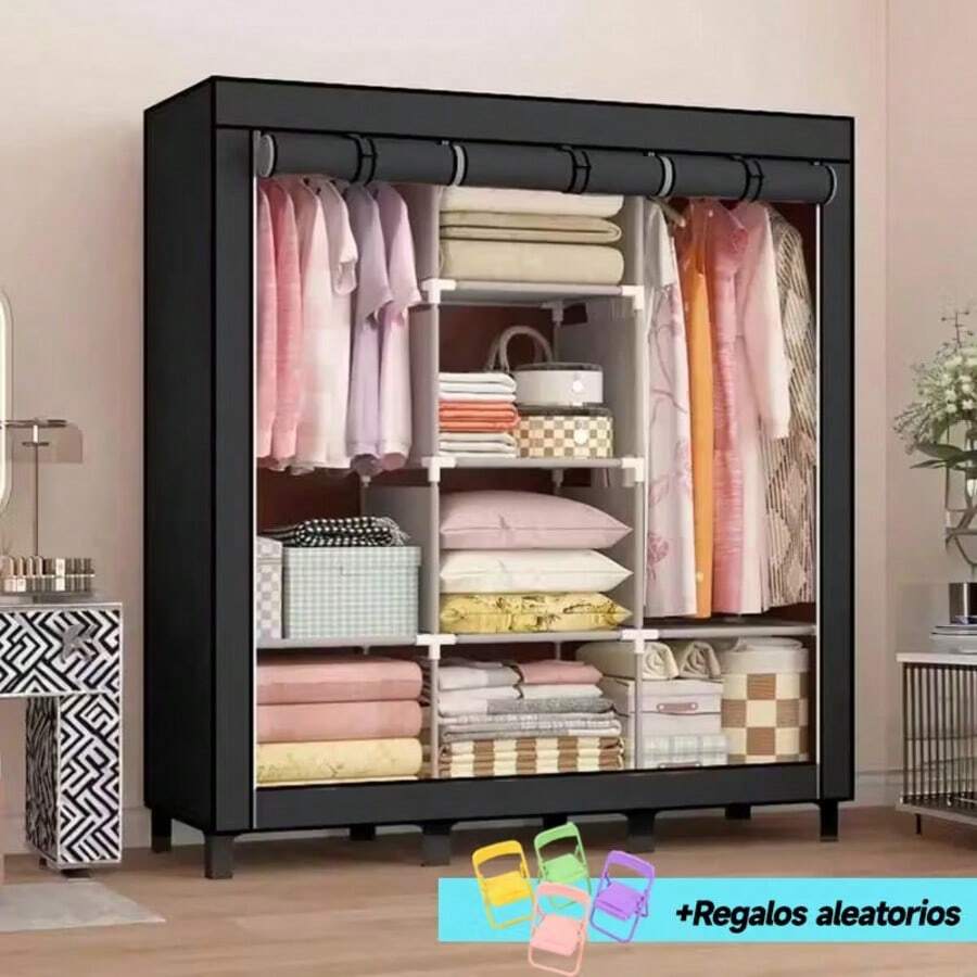 LÈRFM [MXBTG-]Guardarropa de Acero Inoxidable Plegable, Almacenamiento de Ropa, Acabado de Dormitorio - Negro - Ver 1