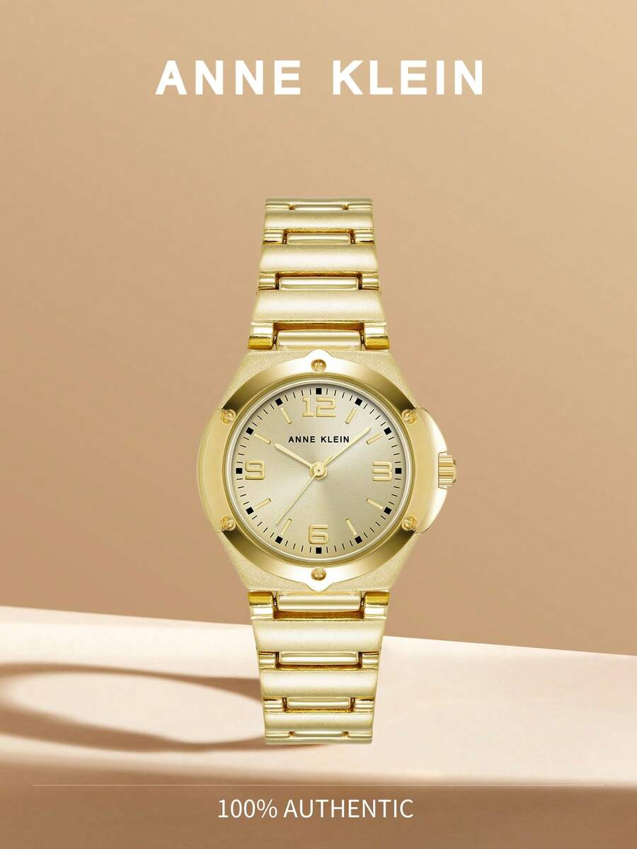 Anne Klein 女士金色石英手链表，浅香槟色阳光表盘圆形模拟手表，适合女士别致礼物防水手表，10/8654CHGP - 金 - 查看 1