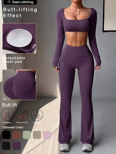 Conjunto deportivo casual de 2 piezas para mujer de Aoqta, con camiseta de manga larga y cuello cuadrado sexy y pantalones, adecuado para correr, fitness, yoga y otros deportes, primavera/verano