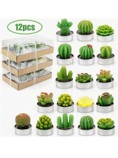12Pcs Artificial Green Decorative Succulent Cactus Candles,Lindas plantas suculentas sin humo, perfectas para velas, festivales, bodas y fiestas de inauguración de la casa