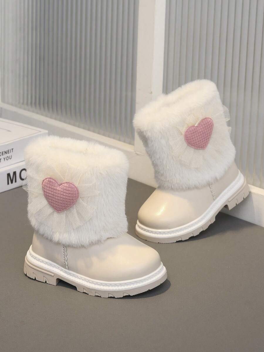 1双幼儿女童舒适轻便卡通爱心装饰侧拉链雪地靴,适合秋冬季休闲和户外穿着 - 米色 - 查看 1
