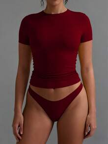 XLLAIS Small Round Neck Short Sleeve Solid Basic Skinny Women Casual T-Shirt 2026 New Year Red Tops - Li Zihong - View 4