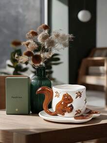 1 Set kreative Eichhörnchenschwanz-Griff, geprägtes Eichhörnchen & Ahornblatt handbemalte Keramik Kaffeetasse, Milchtasse, Frühstückstasse - Verschiedenfarbig - Übersicht 4