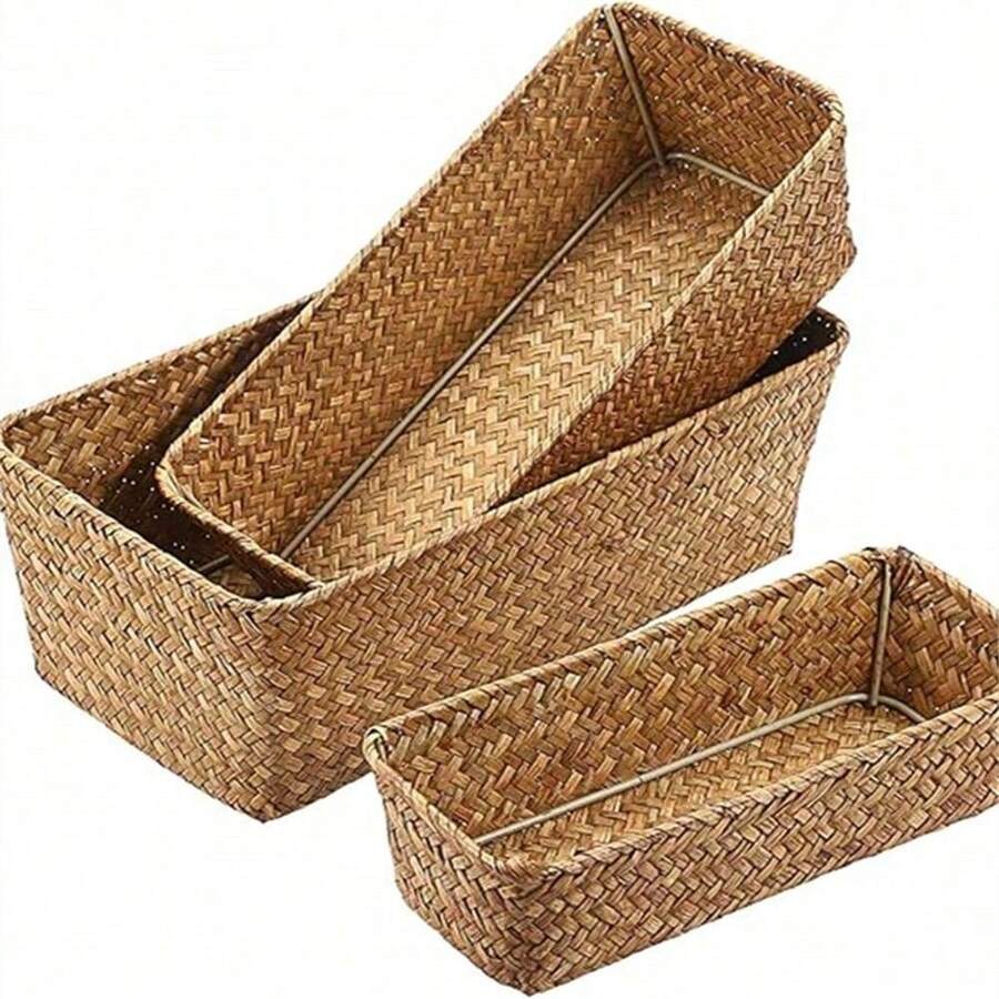 Giỏ đựng đồ để bàn bằng cỏ biển dệt tay mới, Giỏ đựng đồ bằng cỏ biển, Giỏ đựng đồ bằng mây để sắp xếp khăn giấy trong phòng tắm, Đồ trang trí nhà theo phong cách Boho, Phụ kiện phòng tắm, Phụ kiện gia đình - Màu Khaki - Xem 1