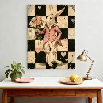 White Rabbit Canvas Print - Elegant Dressed Rabbit With Bouquet - Modern Wall Art Poster For Living Room, Bedroom - Gift-Ready Unframed Abstract Oil Painting Style Poster - 11.8x15.7 Inch