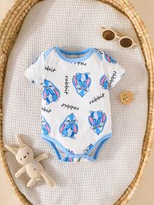 3件套新生儿可爱兔子印花户外休闲连体衣，短袖夏季连体衣 - 淺藍色 - 查看 9