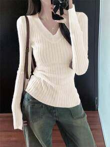 Vintage American V-Neck Split Sleeve Gray Knit Sweater, Slim Fit & Versatile Long Sleeve Top - White - View 3
