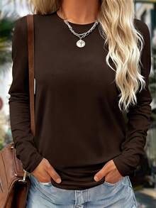 时尚简约通勤必备上衣，纯色圆领长袖宽松女式T恤，柔软百搭，适合日常、居家、旅行、四季穿着，秋冬休闲春季皆宜。 - 棕色 - 查看 1