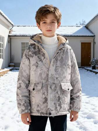 男童及青少年休闲时尚秋冬拉链口袋连帽长袖夹克