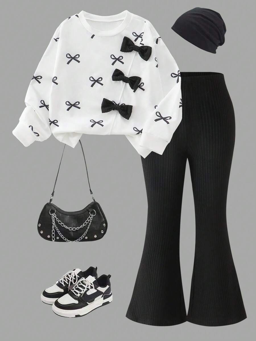 2pcs/Set Tween GirlsFashion Bow Print Sweatshirt And Casual Flared Pants Outfit, Spring/Autumn - White - View 1