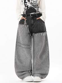 Justice Brother 1pc American Style Patchwork Men's Black Denim Jeans, All-Season Versatile Casual Comfortable Loose Wide Leg Long Pants (Belt/Accessories Not Included) - Black - View 6