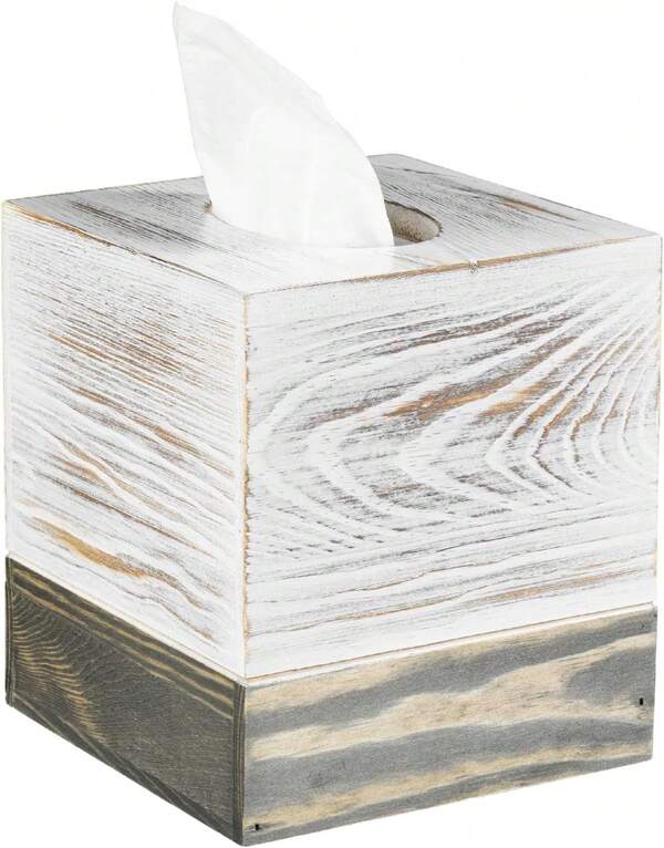 MyGift - Funda cuadrada para dispensador de pañuelos de baño de madera blanca rústica con base de madera maciza gris clásico y panel inferior deslizable, 5.5 x 5.5 x 6.3 pulgadas