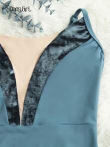 DonsGirl 女士芭蕾舞紧身衣 - 天鹅绒拼接V领高开衩设计，专业体操和花样滑冰表演服 - 藍色 - 查看 12