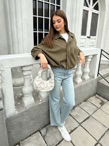 Women's Regular Faux Suede Long Sleeve Single Breasted Loose Casual Jacket, For Spring, Women's Pocket Metal Button Short Military Green Jacket Suitable For Spring And Autumn