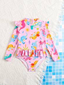 Đồ bơi liền thân in hình khủng long dễ thương cho bé gái, từ 4-8 tuổi - Hồng - Xem 3