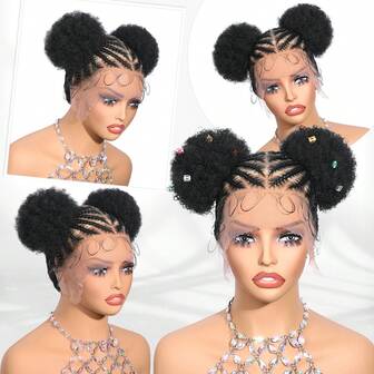 女士高清全蕾丝编织假发，带卷曲马尾辫，合成玉米辫编织假发，带蓬松发髻（自然黑）