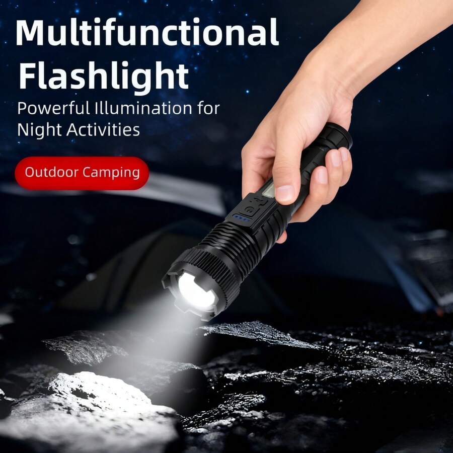 Rechargeable LED Flashlight, High Lumens, 6 Modes, WithClip, USB Powered, Rechargeable Zoomable BrightFlashlight, Suitable For Emergency Power Outages, OutdoorCamping, Hurricanes, Includes Charging Cable, Ldeal ForCamping And Hiking - Black - View 1