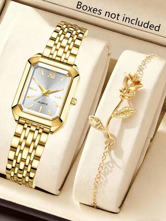 2件套，女士手表，时尚简约金色方形表盘石英表，玫瑰金合金表带，手表表带套装，适合日常佩戴，节日礼物