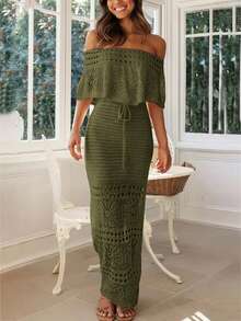 2026 Summer Women's New Elegant Hollow Out Drawstring Off-Shoulder Waist Tie Maxi Dress, Green, Women's Holiday Wear, Women's Spring Outfit, Street Style, Women's Elegant Dress, Women's Cruise Wear, Beach Outfits, Vacation Outfits, Party Dress, Women's Birthday Outfit, Festive Clothing, Women's New Year's Eve Outfit, Business Casual Women's Wear - Army Green - View 6