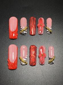 Each Set Consists Of 10 Pieces Of Y2K Square Handmade Acrylic Nail Plates, Designed In French Style With Rhinestones, Stripes, Spots, And Petal Decorations, Available In Multiple Tones And Nude Colors. 3 Sizes To Fit, Suitable For Parties, Dances, And Daily Wear, Comes With A Nail Kit, Making It An Ideal Press On Nails Gift For Ladies And Girls. - Multicolor - View 2