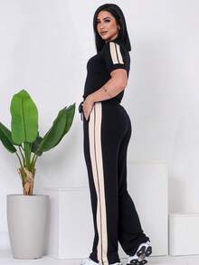 Women's Casual Set, Pants, Top With Side Stripe, Elegant Color Block, Casual, Elegant, Side Stripe, Pocket, Button, Beach, Evening, Holiday - 黑色 - 查看 5