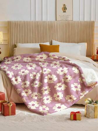 1件法兰绒毯，床上用品，花卉图案，厚实柔软亲肤，可作沙发毯、办公室午睡毯、房间装饰沙发毯、旅行露营多用途毯，适用于客厅、卧室、开学季、节日礼物