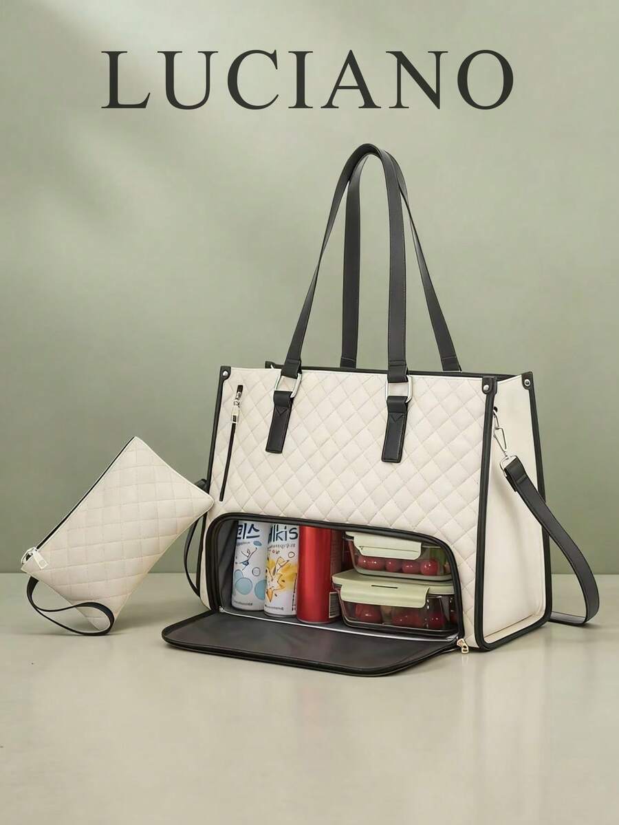 新款时尚大容量手提包，经典多色保温包，可装笔记本电脑，适合妈妈们、通勤族、日常使用、健身、午餐、野餐，防水保温，单肩包，加大码，白色