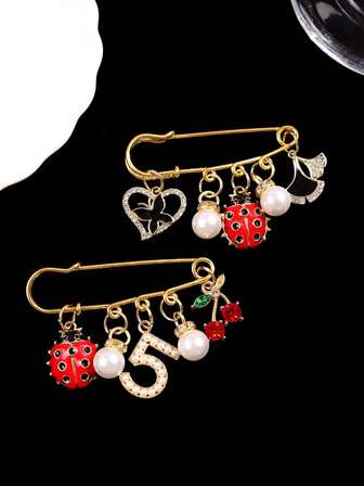 Broche de moda y creativo con perla blanca, número 5, gota de aceite negro y rojo, mariposa, hoja invisible y mariquita de siete estrellas, accesorio decorativo para abrigo, chaqueta y bolso