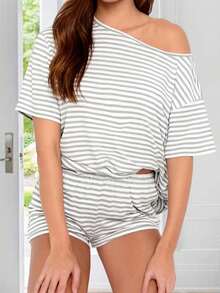 Women Summer Pajama Set Solid Color Off Shoulder Short Sleeve Tops And Mini Shorts 2 Piece Lounge Outfit - 淺灰色 - 查看 2