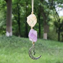 Natural Unpolished Stone Net Bag Pendant Made Of Braided Rope Featuring Amethyst, Rose Quartz, And Citrine. - Raw Stone Car Pendant - View 8