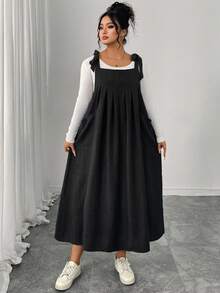 Plus Size Women Floral Print Sleeveless Midi Dress With Pockets Elegant Black Summer - Black - View 4