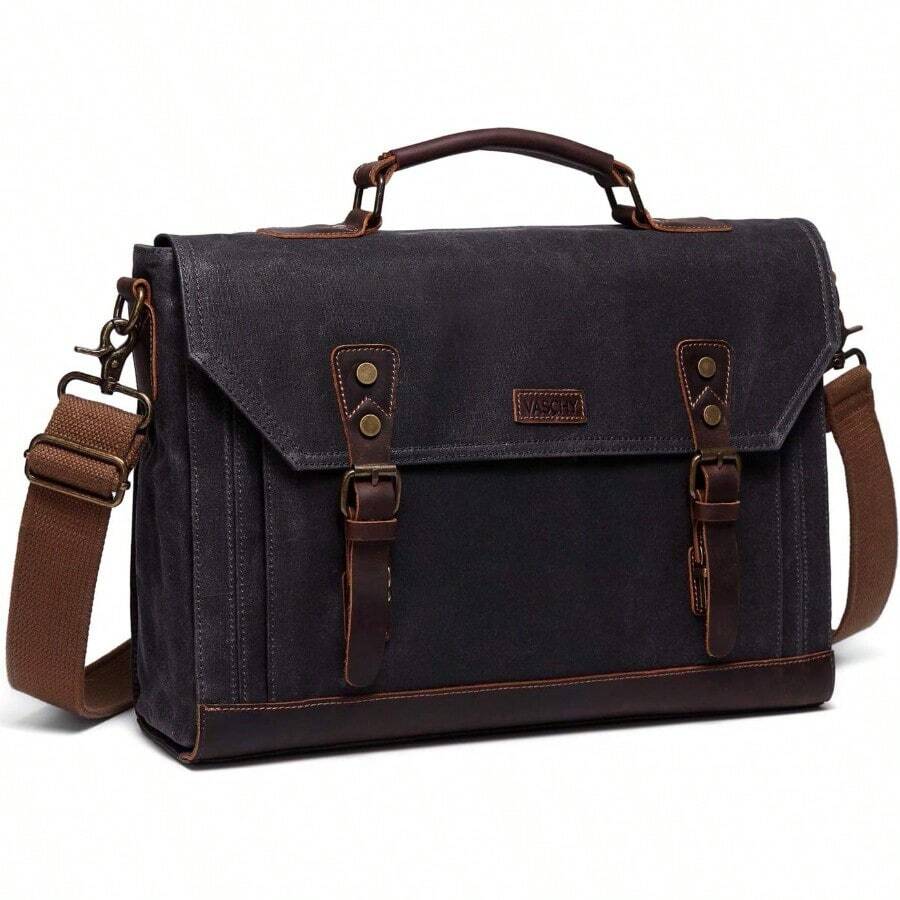 Vaschy Large Waxed Canvas Leather Messenger Bag For Men Vintage Laptop Bag Satchel Business Briefcase Shoulder Bag For Wrok Travel Ftis 17in Laptop Gray - 適合灰色17吋筆記型電腦 - 查看 1