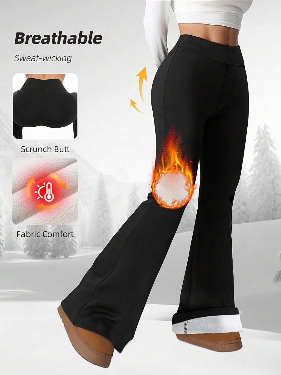 女士超柔软高腰喇叭裤，带保暖内衬，紧身收腹喇叭裤，纯色提臀加厚打底裤，高弹瑜伽运动阔腿裤，女士运动紧身裤 - 黑色 - 查看 1