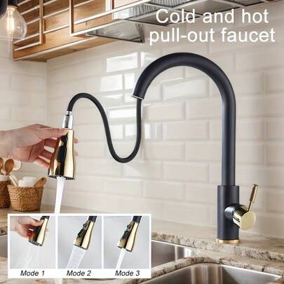 引き出し式デュアル 温水・冷水 蛇口1セット、キッチン/バスルームの流し用、3種の水流モード(バブル、シャワー、強洗浄)、360°伸縮スプレーヤー、取り付け用アクセサリー付き キッチン用品 キッチン用アクセサリー キッチンツール